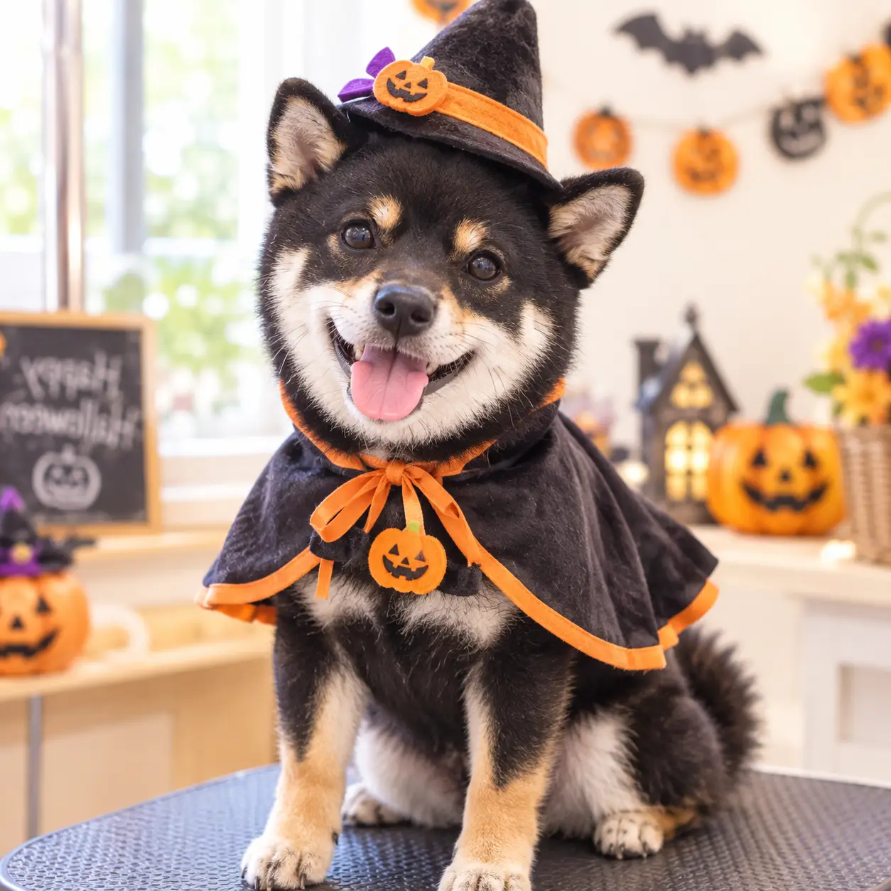 ハロウィンの衣装を着た黒柴