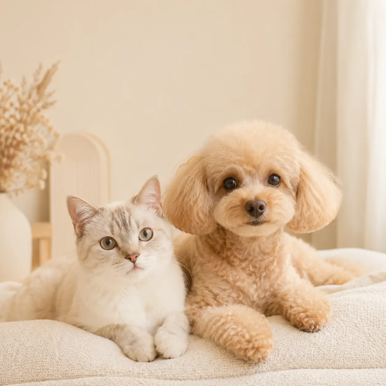 寄り添う猫とトイプードル