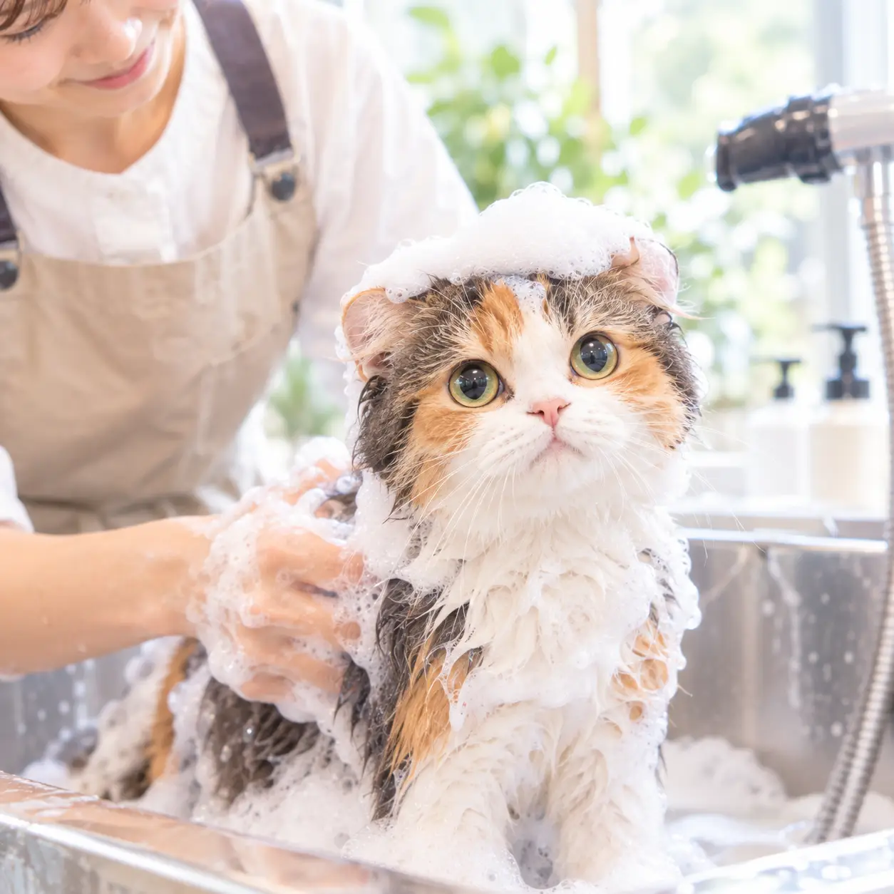 シャンプー中の三毛猫